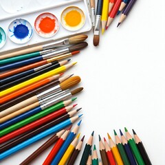 Naklejka premium colorful pencils and paint brushes on white background for art and craft supplies