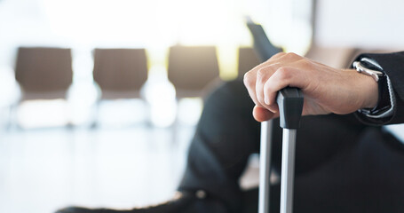 Travel, person or hand with suitcase in airport for business, passport or waiting in boarding lounge. Man, luggage or sitting in terminal for delayed flight, opportunity abroad or international work
