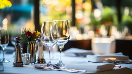 Fototapeta premium Elegantly set dining table with sparkling glasses and fresh flowers.