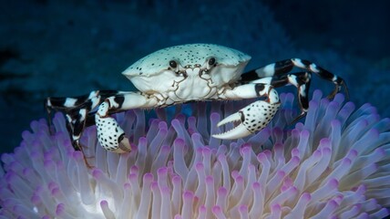 Big Crab walking along the sand beach with the sea water rolling in and out.