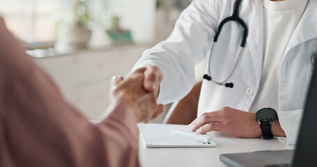 Handshake, doctor and patient with healthcare, closeup and wellness with consultation. Medical,...