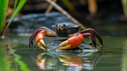 Big Crab walking along the sand beach with the sea water rolling in and out.