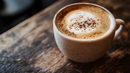 A delicious cup of frothy coffee with cinnamon on a rustic wooden table.