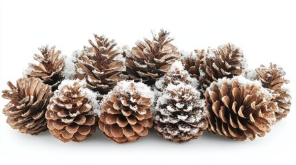 A group of snow-covered pine cones, representing winter decor and natural elements, isolated on a clean white background.