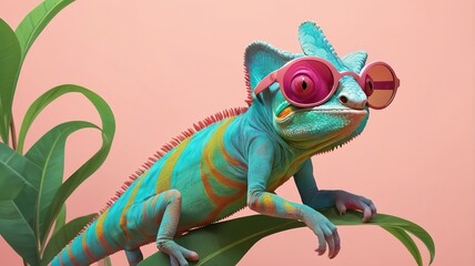 Fototapeta premium Cartoon chameleon with sunglasses, playful gestures, colorful and on a soft background.