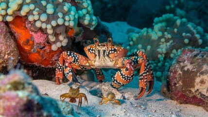 Big Crab walking along the sand beach with the sea water rolling in and out.