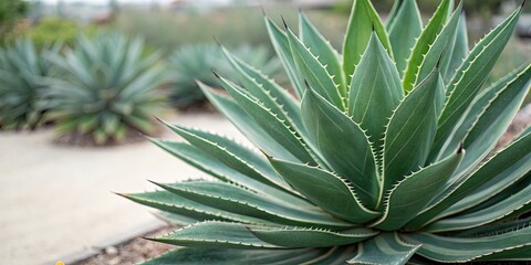 Fototapeta premium Agave angustifolia leaves with selective focus. Large green succulent plant full frame, Agave, angustifolia, leaves