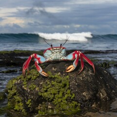 Big Crab walking along the sand beach with the sea water rolling in and out.