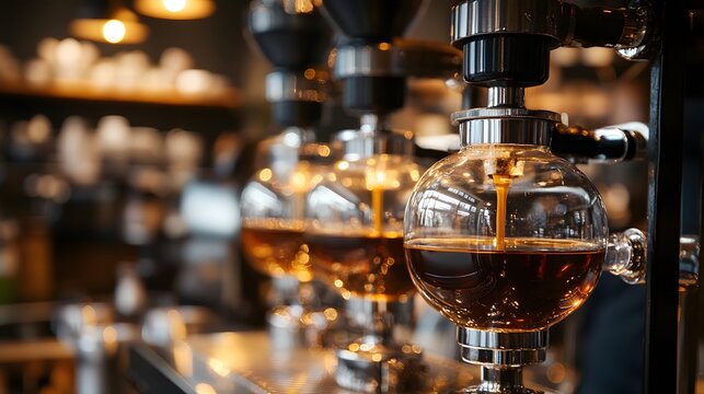 Close-up of brewing coffee using a stylish siphon coffee maker.