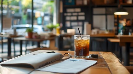 A refreshing iced drink on a wooden table in a cozy caf�� setting.