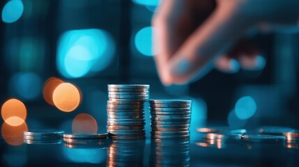 A close-up view of a hand placing coins onto stacked coins with a blurred background, symbolizing finance and investment.