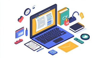 A laptop open to an online learning platform with digital lessons and quizzes, surrounded by educational apps, isolated on a clean white background.