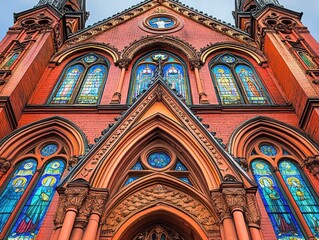 Obraz premium A detailed view of a historic church with vibrant stained glass windows.