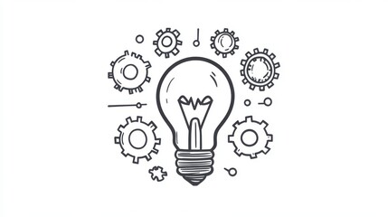 A light bulb surrounded by gears, representing innovation and learning, simple line art, black and white, isolated on a clean white background.