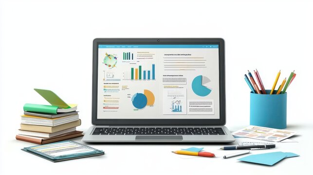 A learning management system interface on a laptop with lesson plans and quizzes, educational media for e-learning, isolated on a clean white background.