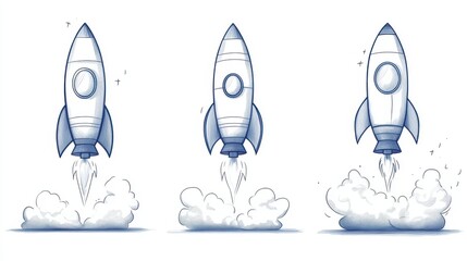 A line drawing tutorial on creating a rocket, from basic shapes to a detailed sketch, educational illustration isolated on a clean white background.