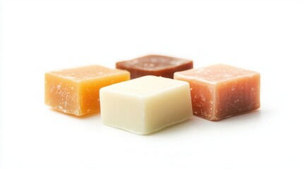 Handmade natural soap bars in orange white and pink colors arranged on pure white background showing artisanal beauty products