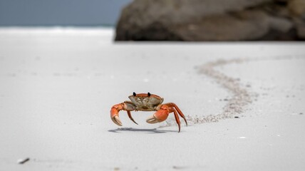 Big Crab walking along the sand beach with the sea water rolling in and out.