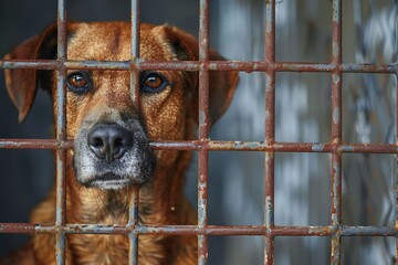 Homeless stray dog in animal shelter cage with a sad. Generative Ai