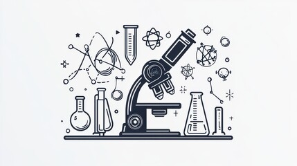 A microscope with science-related symbols, simple line art, black and white, isolated on a clean white background.