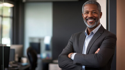 Fototapeta premium Businessman in suit crossed arms in office confident smile professional finance investment insurance work background with copy space