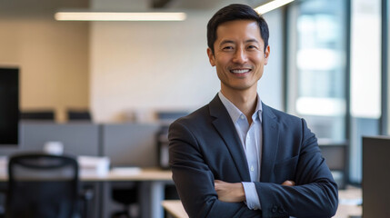 Businessman in suit crossed arms in office confident smile professional finance investment insurance work background with copy space