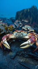 Big Crab walking along the sand beach with the sea water rolling in and out.