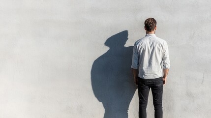 Fototapeta premium A person stands alone, facing a blank wall, casting a thoughtful shadow, evoking feelings of introspection and solitude.