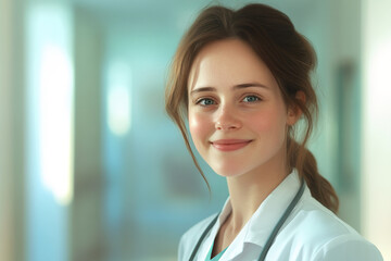 Photo of smiling female doctor in hospital corridor background