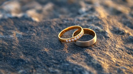 Gold wedding rings on textured stone, symbolizing love, ideal for weddings.