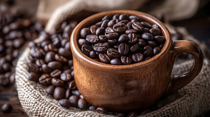 Fototapeta premium A rustic wooden cup filled with roasted coffee beans, creating a cozy coffee vibe.