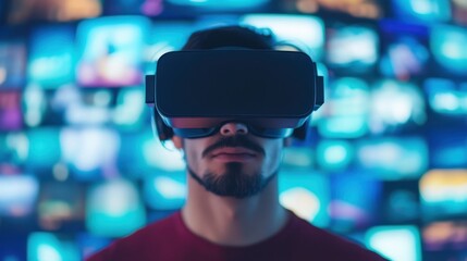 Person immersed in virtual reality, wearing a headset surrounded by colorful digital screens, showcasing technology and innovation.