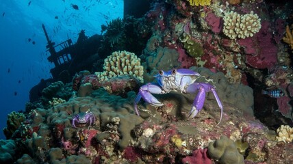 Big Crab walking along the sand beach with the sea water rolling in and out.