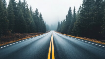 Naklejka premium Serene empty road stretching through a misty forest, surrounded by tall trees and an atmosphere of tranquility.