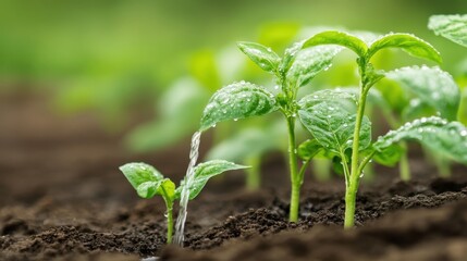 Young green plants sprout from rich soil, glistening with fresh water droplets under soft sunlight, symbolizing growth.