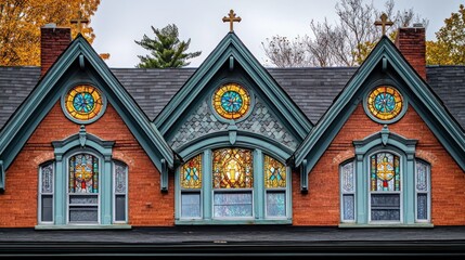 Ornate stained glass windows atop a brick building with decorative elements and crosses.