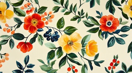 Watercolor floral pattern with yellow and red flowers, green leaves and berries on a white background.