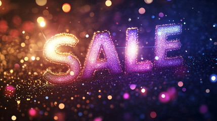 3D sale text realistic neon lights texture iridescent future style festive shimmering pink purple silver background with copy space. for sale and shopping advertising
