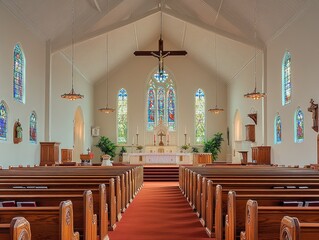 A serene interior of a church featuring an altar, stained glass windows, and wooden pews.