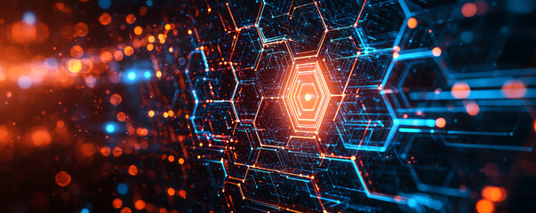 Fototapeta premium vibrant digital network with hexagonal patterns and glowing lights, showcasing advanced technology and data visualization. interplay of blue and orange colors creates dynamic atmosphere