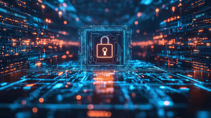 Fototapeta premium Digital lock symbol in futuristic cyber environment with glowing circuits. This represents advanced cybersecurity and quantum encryption technology