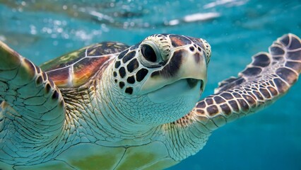 Majestic Sea Turtle Glides Through Crystal-Clear Turquoise Waters of a Tropical Paradise. Wildlife Conservation Concept.