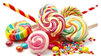 Candy on a white background presents a sweet and enticing sight. A colorful display of treats that brings joy and indulgence.