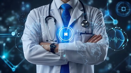 Male doctor in a lab coat with stethoscope, surrounded by health technology graphics.