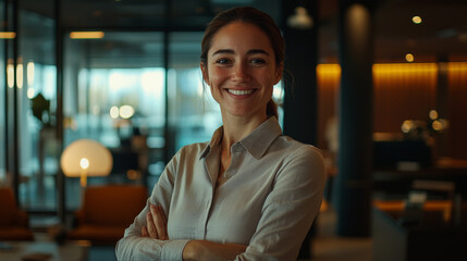 Businesswoman in suit crossed arms in office confident smile professional finance investment insurance work background with copy space