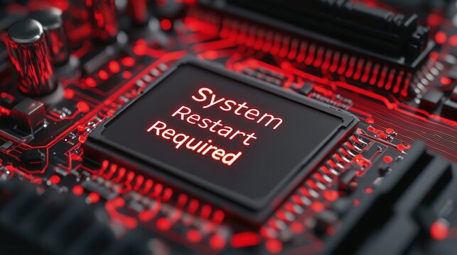 Close-up of a computer motherboard with a glowing message indicating a system restart is required.