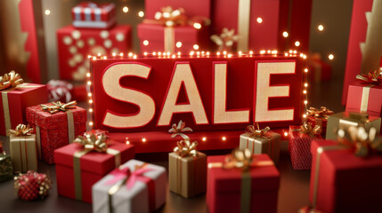 3D sale LED light sign with gift boxes present red golden neon lights festive background with copy space. for sale and promotion adivertising
