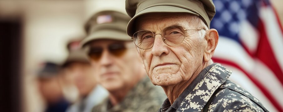 Elderly Veteran in Military Uniform with American Flag in Background, Portrait of an elderly male veteran wearing a military uniform.