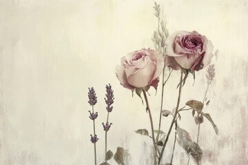 A delicate and romantic composition of two pastel roses and lavender flowers. The floral arrangement is set against a textured background, suggesting a vintage aesthetic.