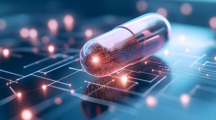 A digital representation of a pill on a network background symbolizes ai-driven precision medicine